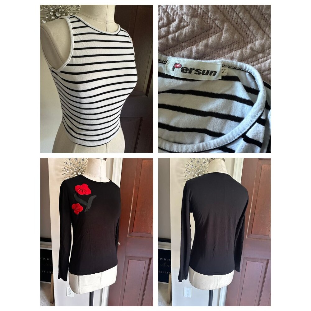 2 cute tops wardrobe refresh Cropped sleeveless striped tank and blk L/S with fl